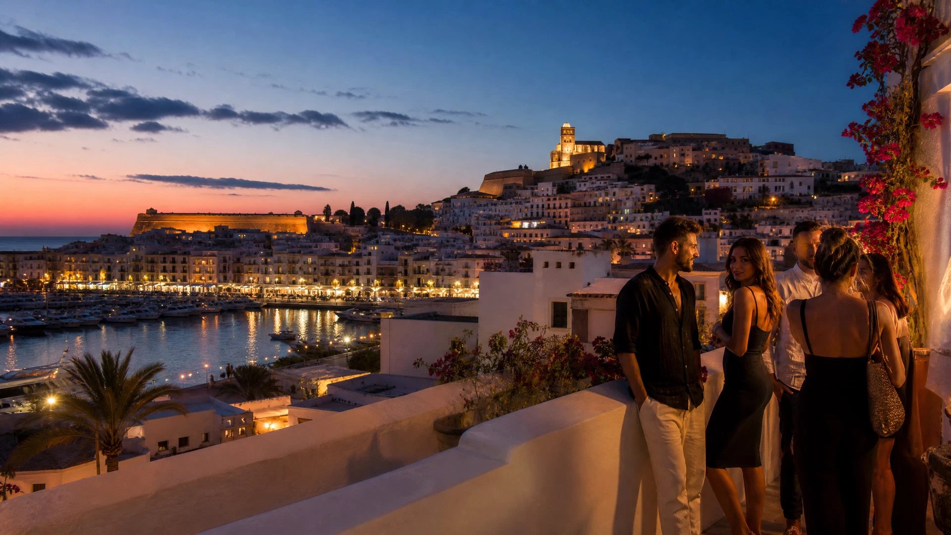 Ornate Ibiza Town terrace looking toward Dalt Vila at blue hour