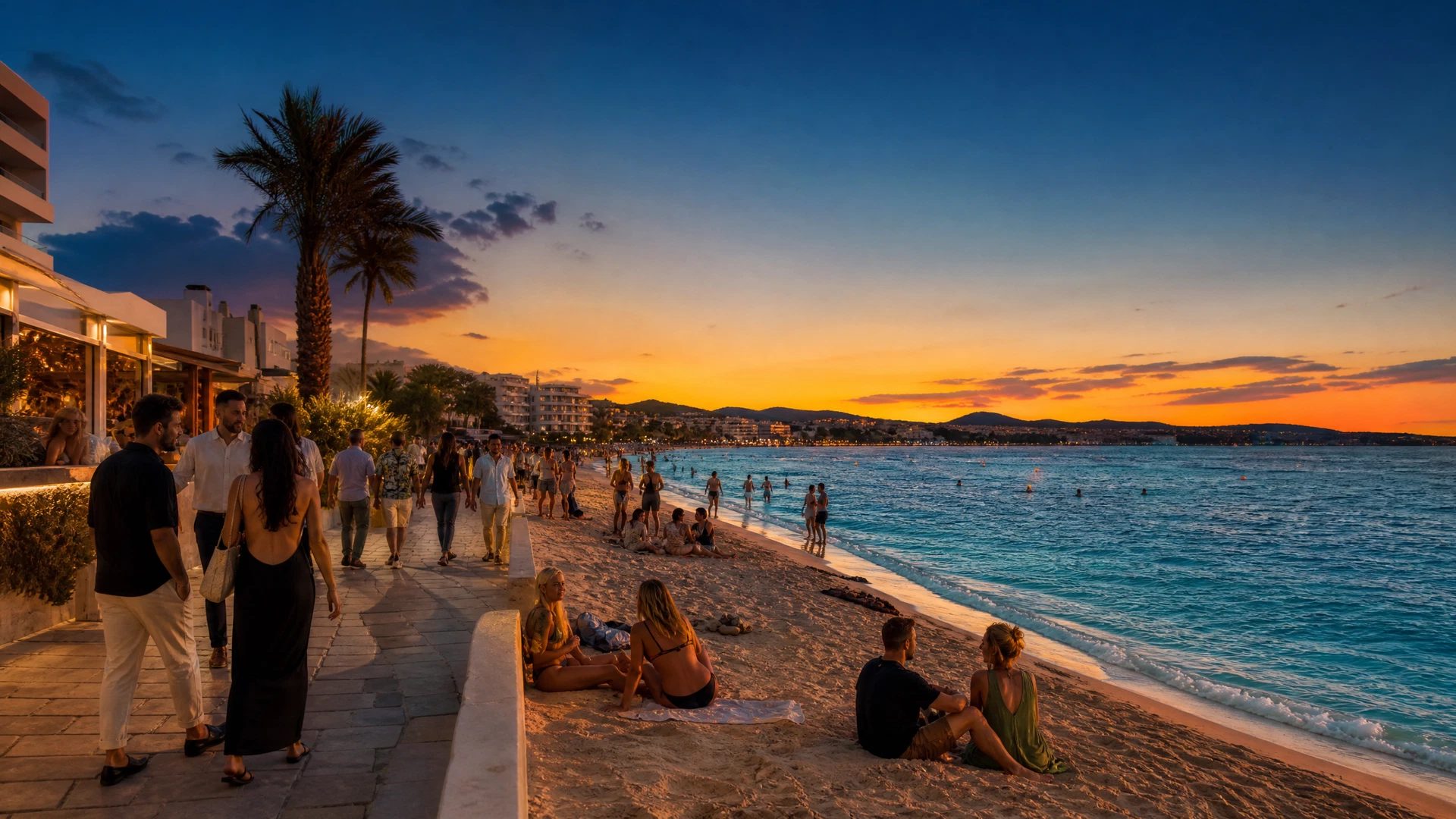 Friends moving from a golden-hour beach day into the evening on Playa d'en Bossa