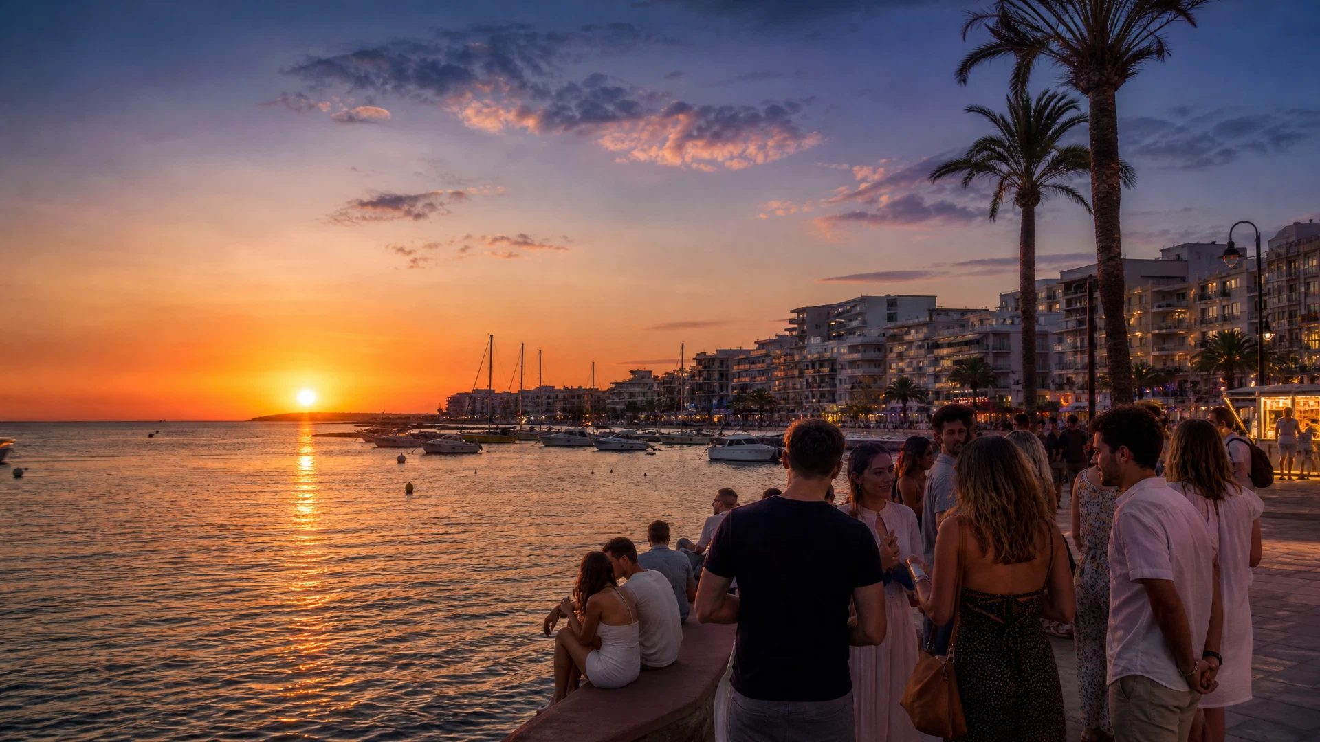 Ornate Ibiza terrace above a Sant Antoni west-coast cove at sunset