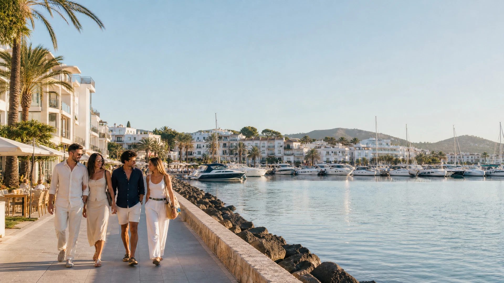 Ornate Santa Eulària terrace beside a calm Ibiza shoreline