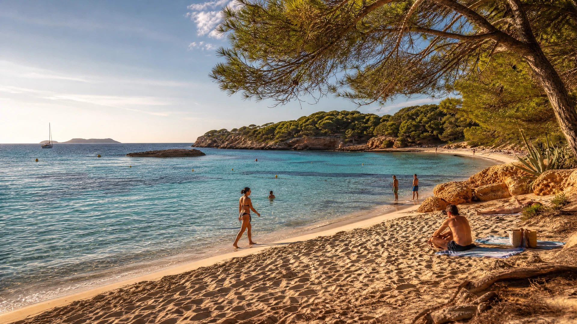 Adult friends enjoying Cala Bassa turquoise water and old pine shade in late-afternoon light