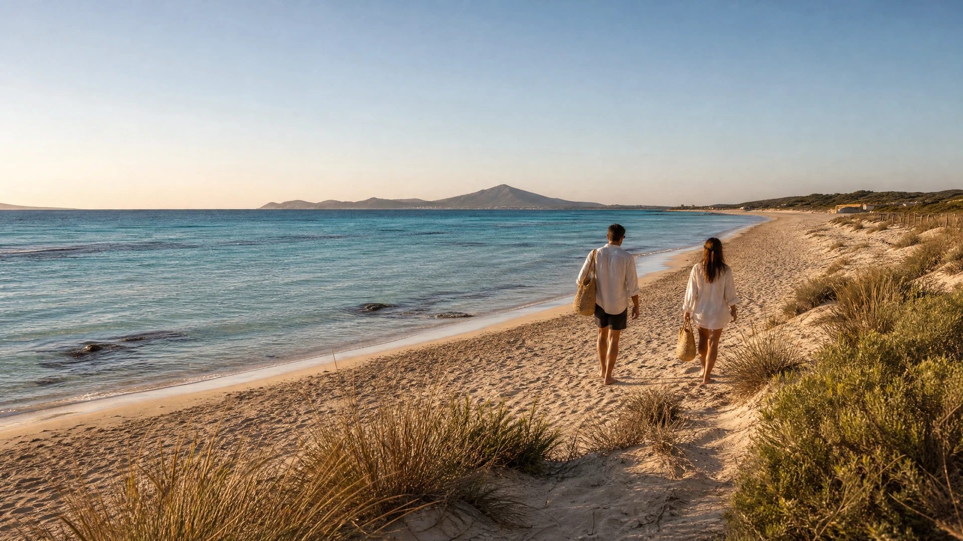 Stylish adult travelers walking along Ses Salines beach beside protected dunes