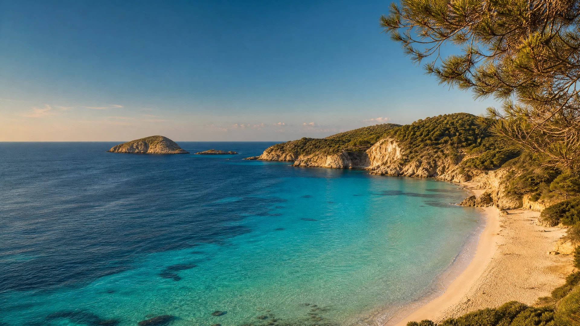 Wide Cala Tarida beach with pale sand, turquoise water and offshore islets