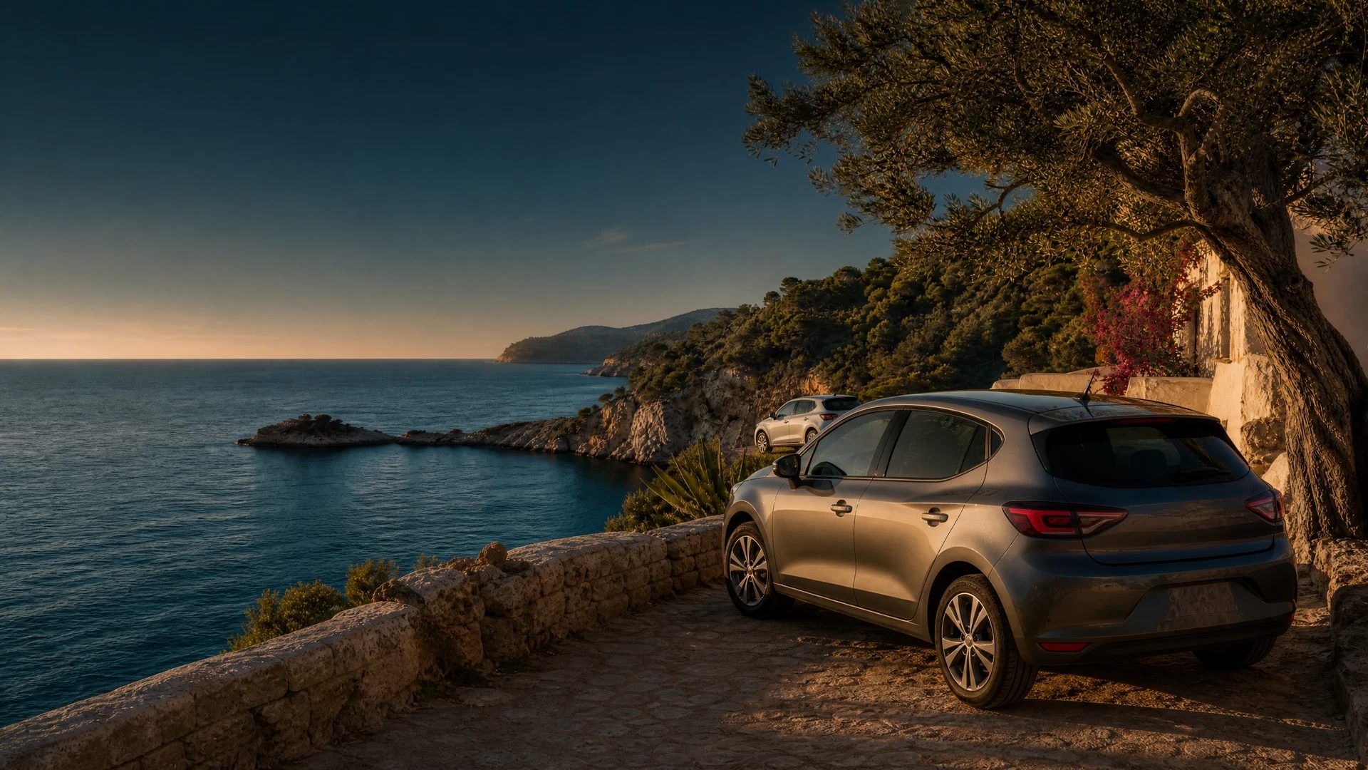 Two anonymous transport cars on an Ibiza roadside amid pines and warm stone