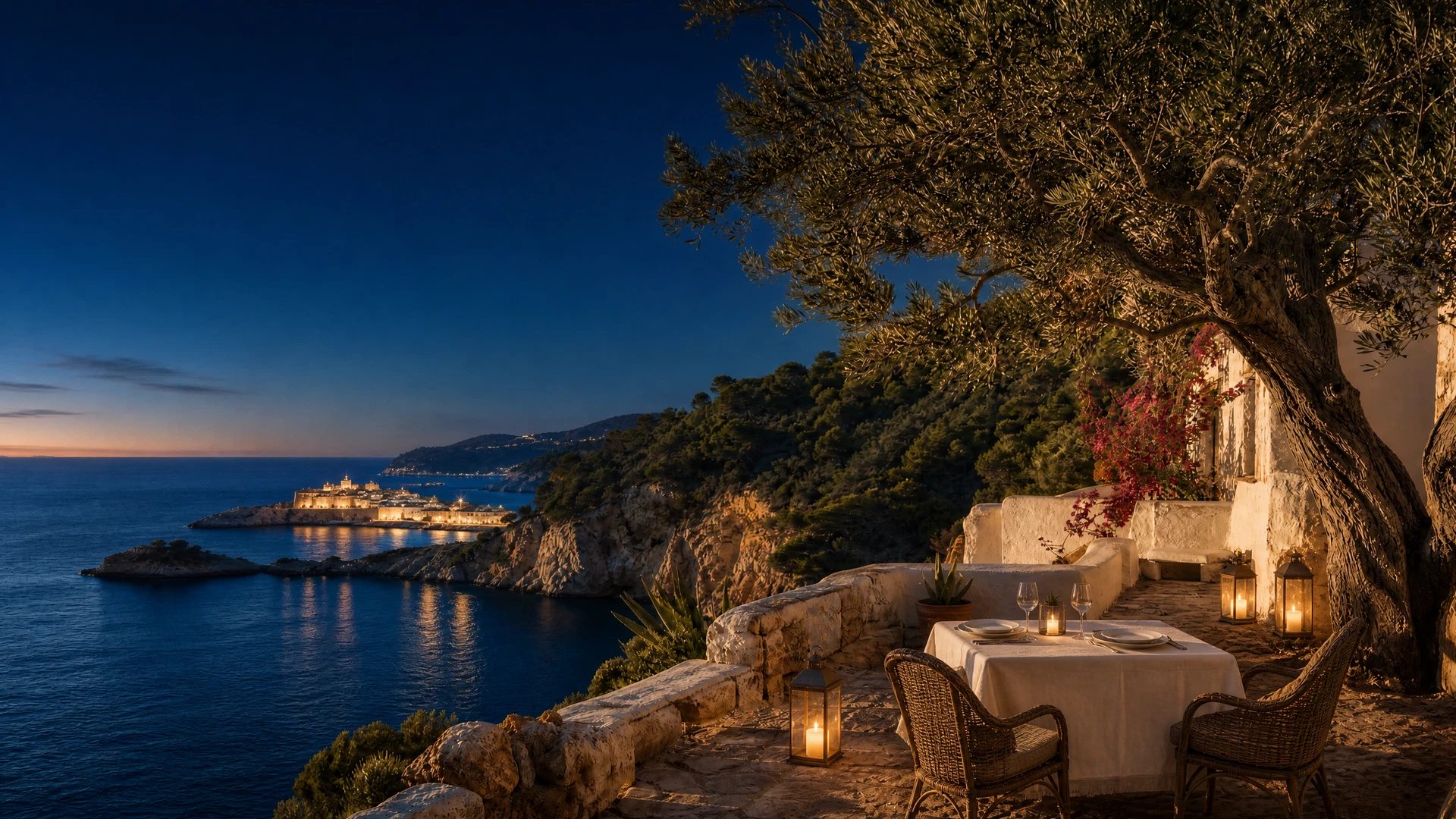 Quiet Dalt Vila terrace over Ibiza harbour at blue hour