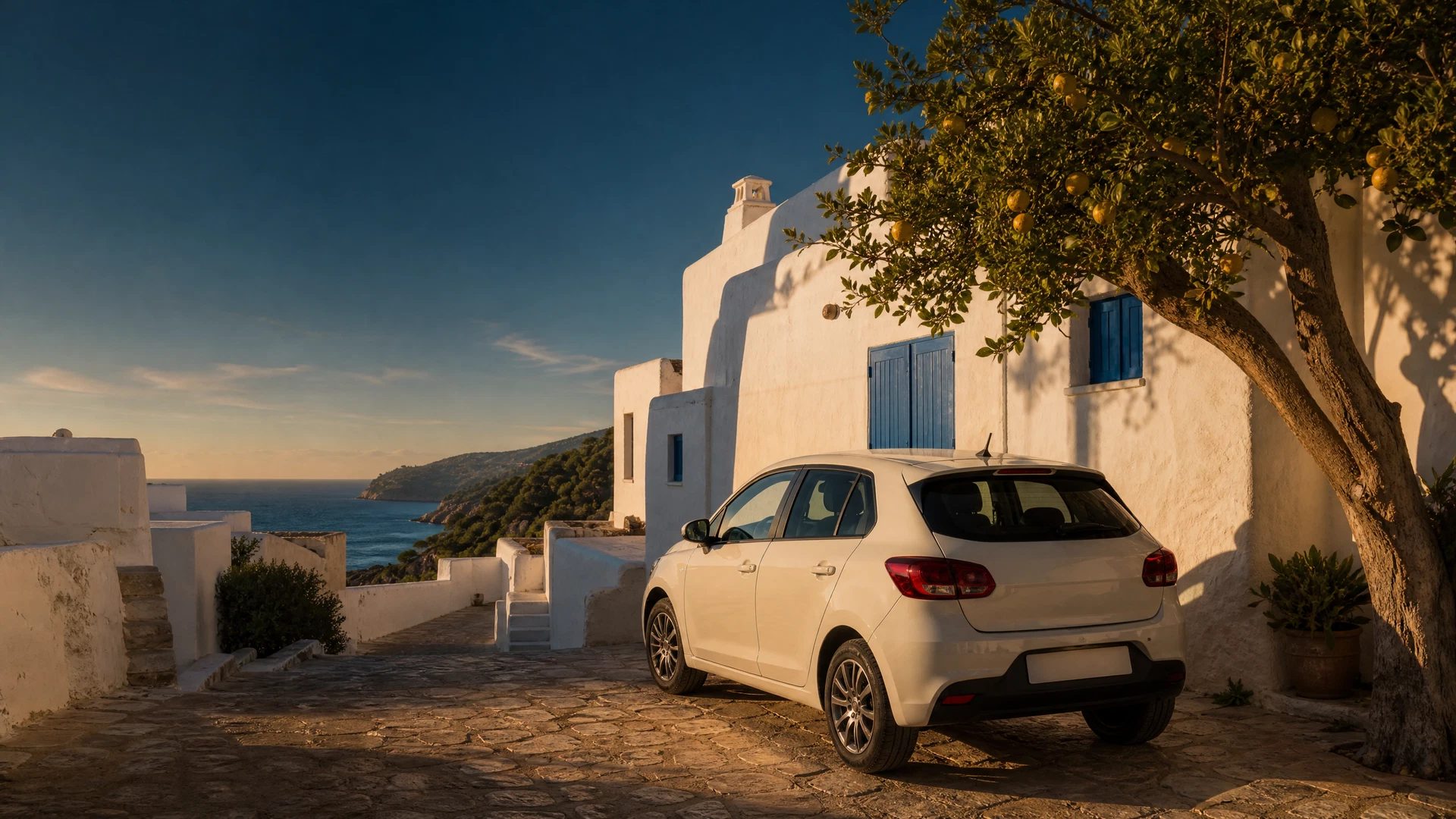 Small car parked in a quiet whitewashed Ibiza village lane