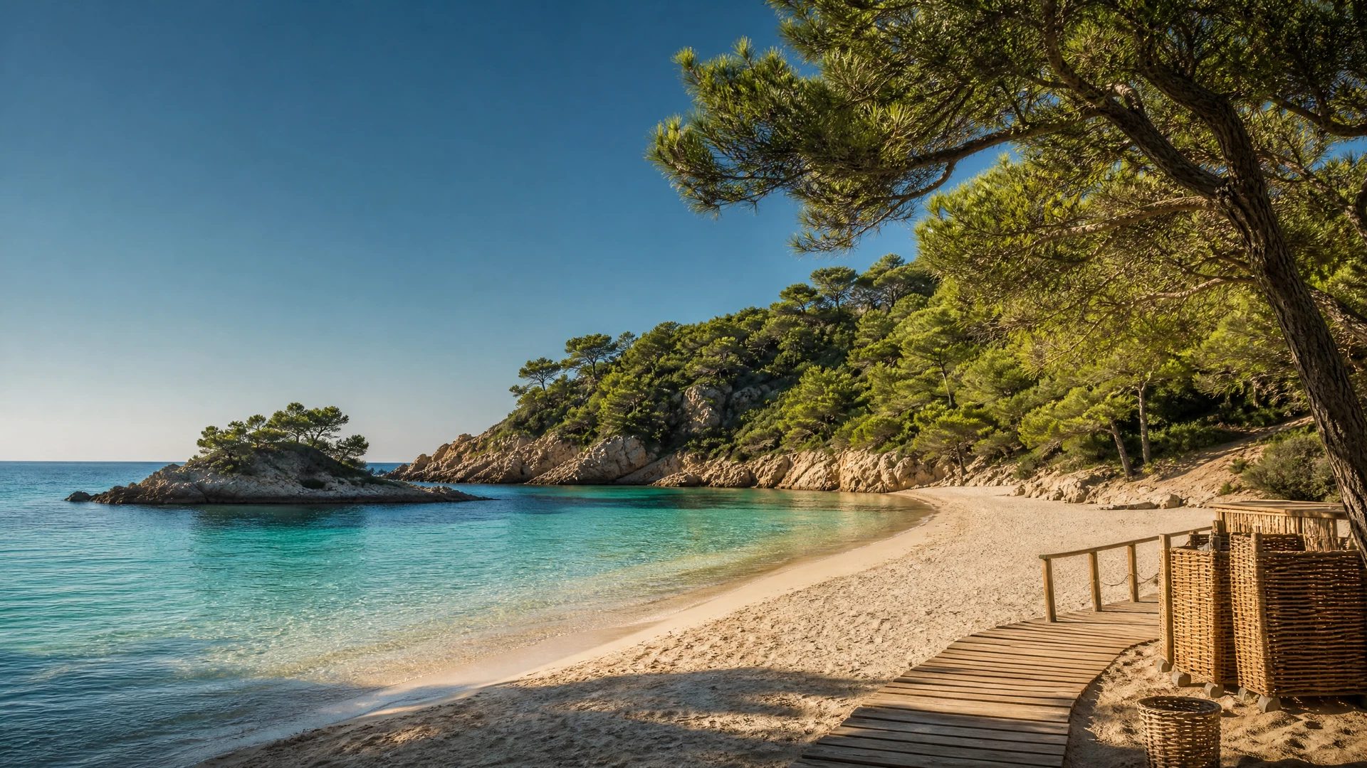 Sheltered Ibiza bay with soft sand, boardwalk and pine shade