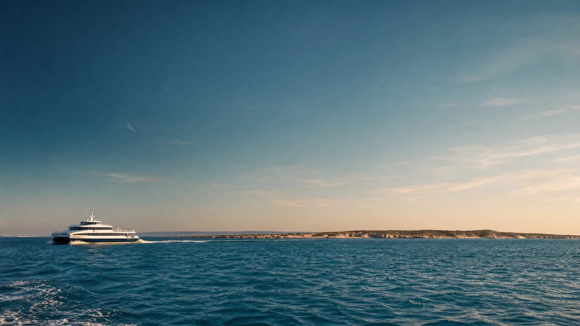 Passenger ferry crossing deep blue water between Ibiza and distant Formentera