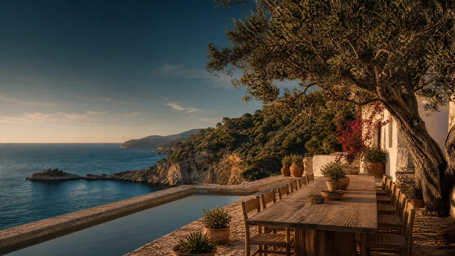 Whitewashed Ibiza villa courtyard with long table, olive trees and a pool edge
