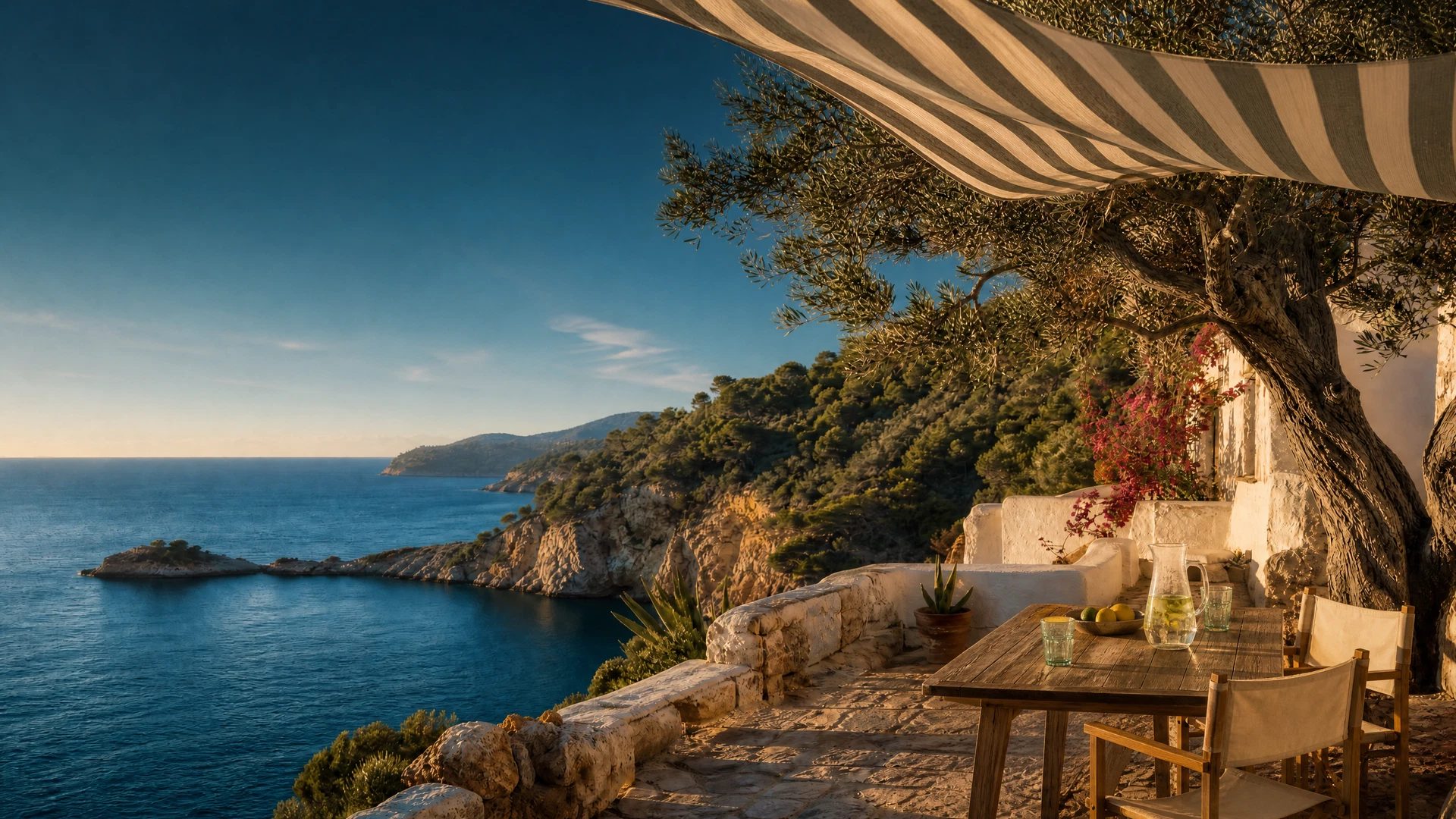 Bright high-summer Ibiza sea seen from a shaded whitewashed veranda