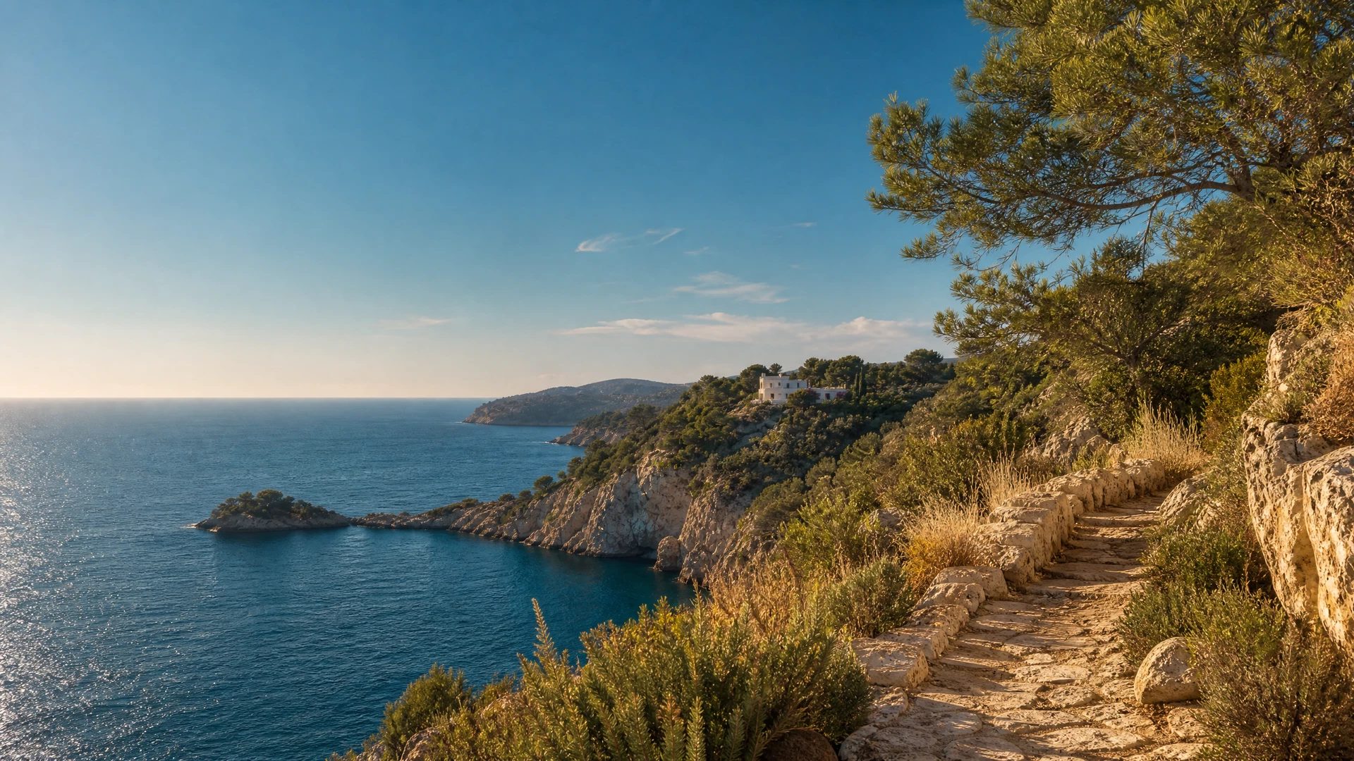 Early summer Ibiza coastline with a quiet stone terrace, flowers and bright sea