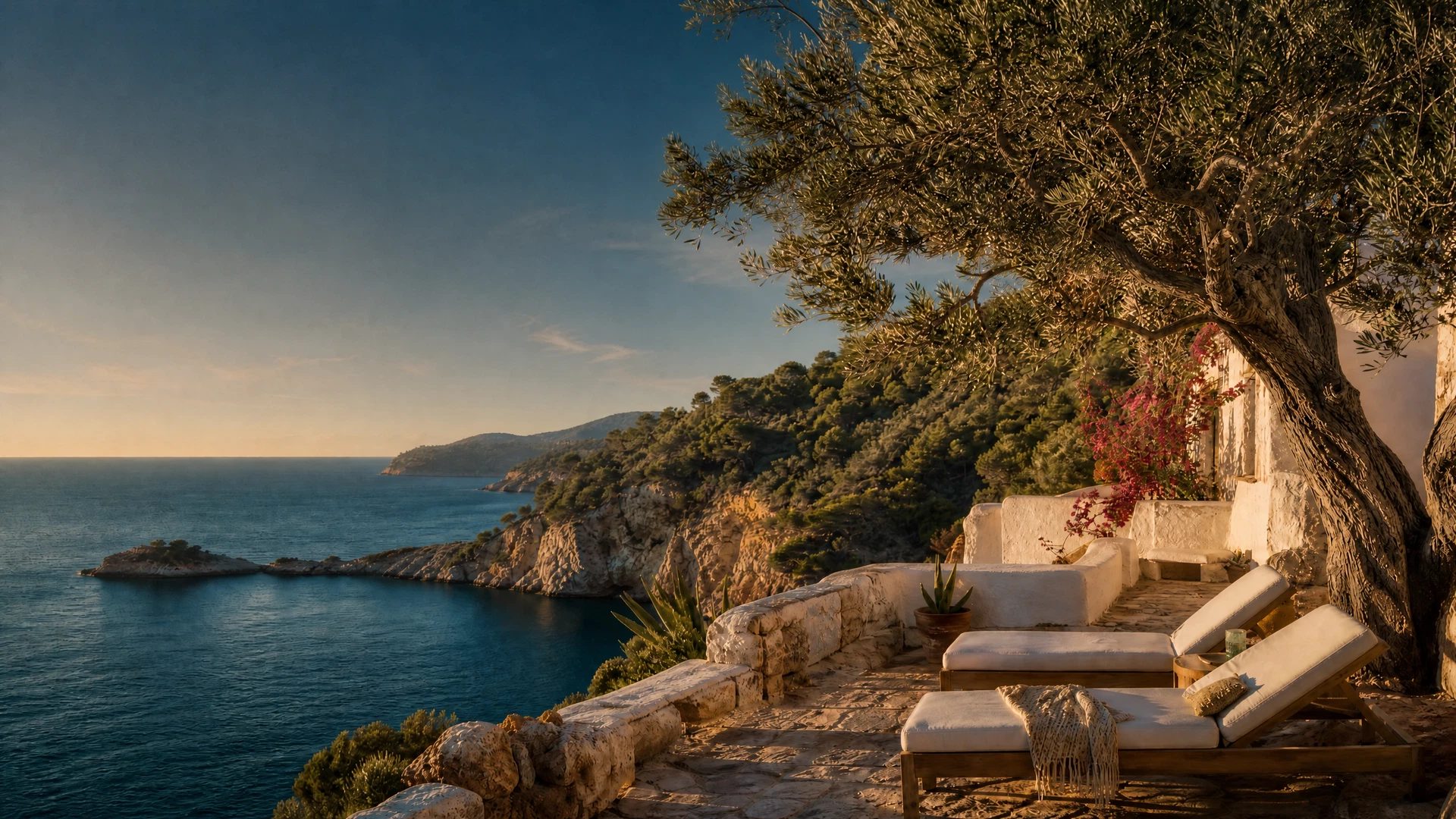 Whitewashed Sant Josep village above the rugged south-west Ibiza coast