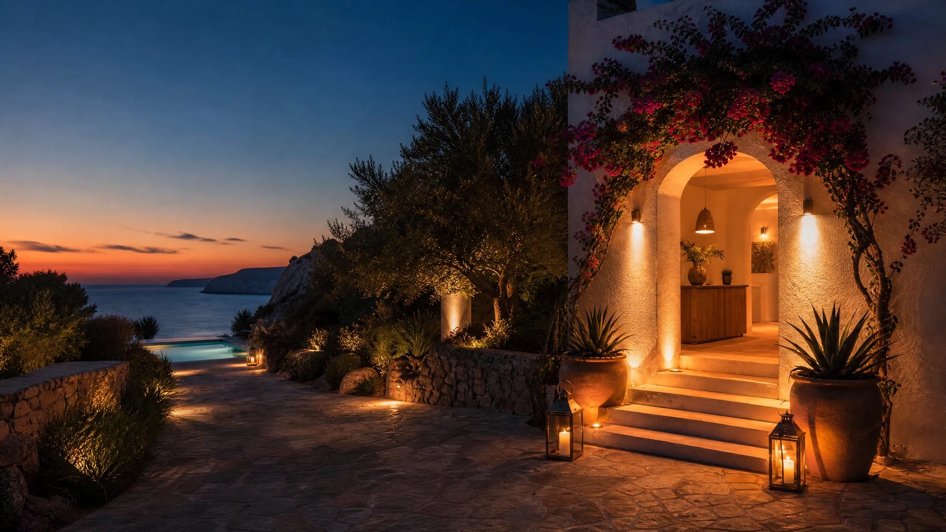 Welcoming whitewashed Ibiza hotel entrance and courtyard at early evening
