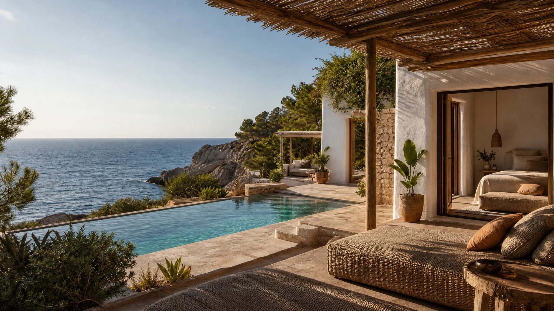 Whitewashed Ibiza hotel courtyard with a turquoise pool and sea view