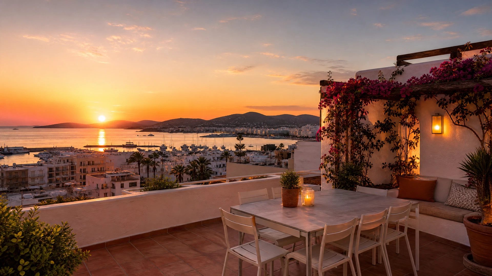 Inviting Sant Antoni guesthouse terrace overlooking the marina at sunset