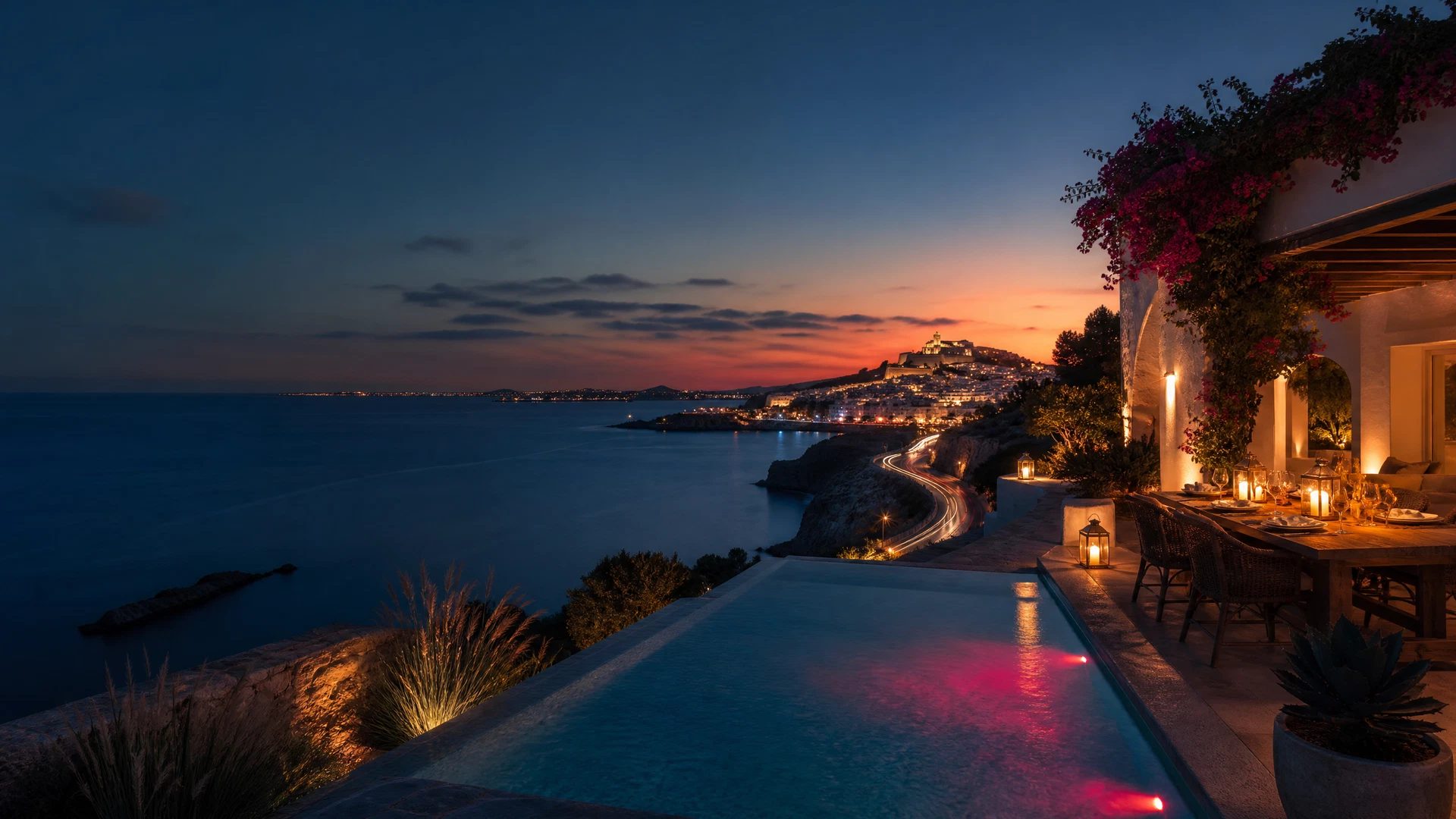 Whitewashed Ibiza villa terrace, infinity pool and Mediterranean lights at blue hour