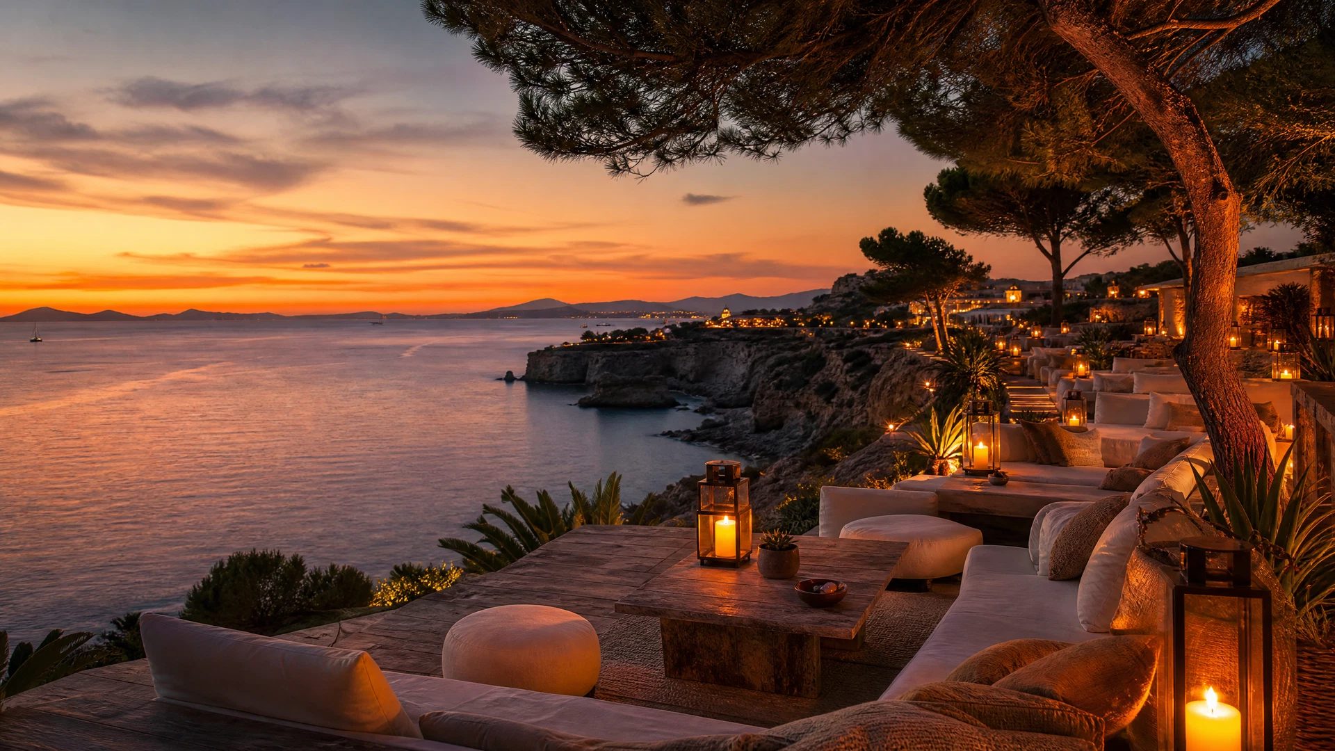 West-coast Ibiza clifftop lounge facing a golden Mediterranean sunset