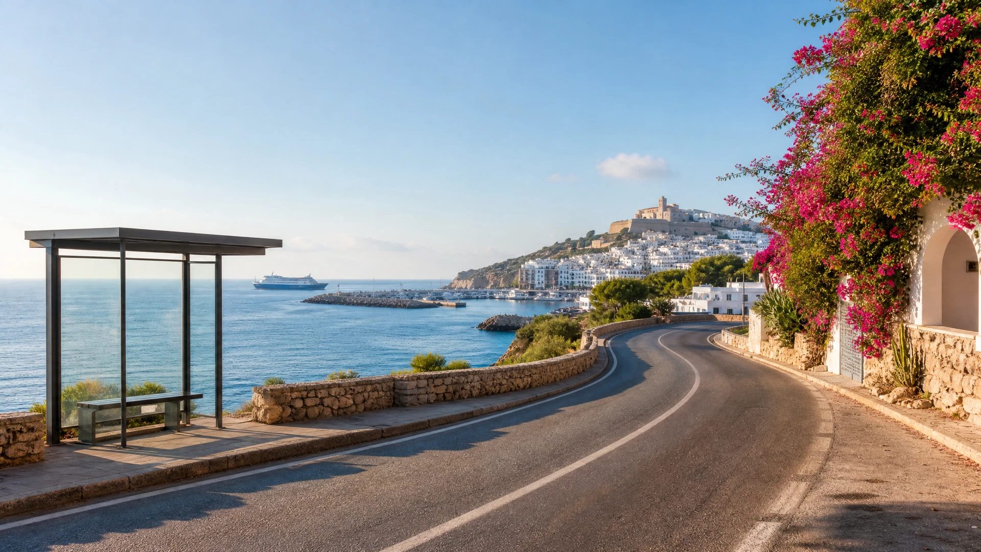 Ibiza coastal road and harbour in fresh morning light