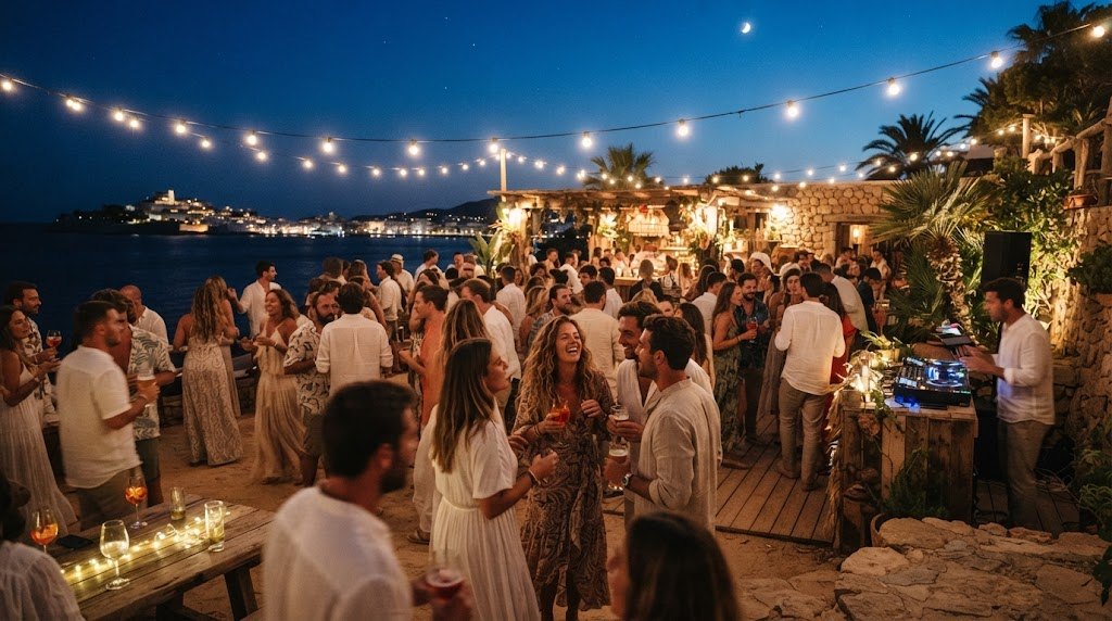 Stalls of baskets, embroidered dresses and ceramics under canvas awnings and lanterns at an Ibiza hippy market